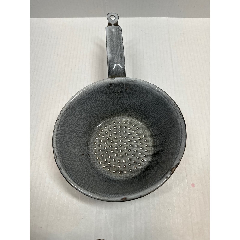 Vintage Gray‎ Enamelware Strainer With Handle